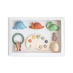 MUSHIES Dino Dreams gift set with silicone dinosaurs, teether ring, and palette