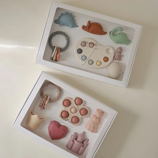 MUSHIES Little Princess and dinosaur gift sets side by side
