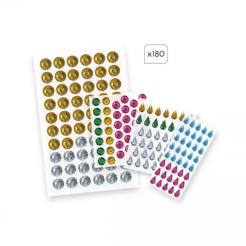 180 large adhesive rhinestones in gold green pink and blue shapes