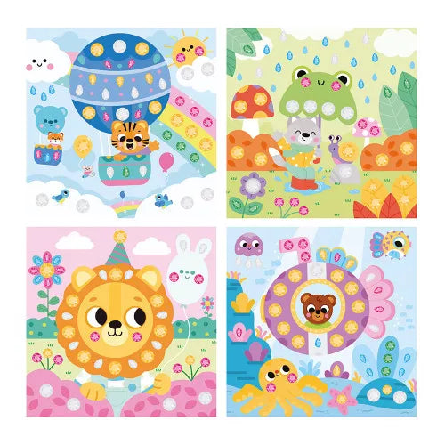 Four animal activity cards with white dot outlines for rhinestone placement