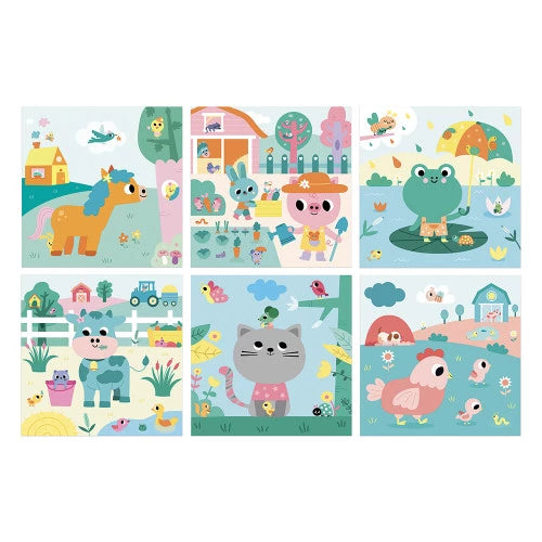 Six reversible farm animal art cards featuring pony rabbit frog cow cat and hen