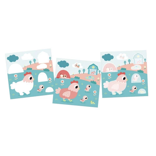 Pastel colored farm hen and chick illustration cards for toddler creative play