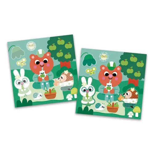 Green JANOD activity cards showing picnic scene with bear and hedgehog