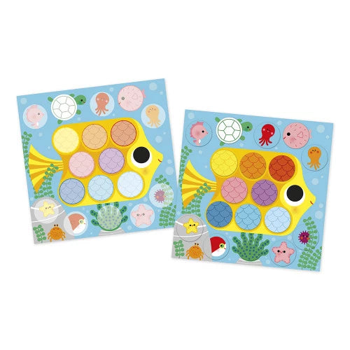 Underwater pond activity card with yellow fish sticker slots for toddlers
