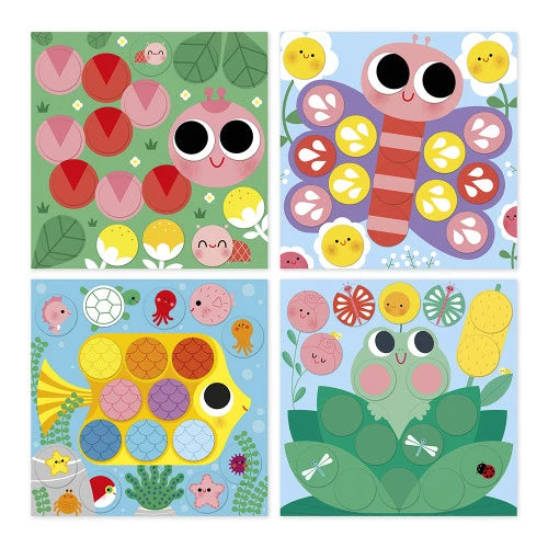 Four themed sticker activity panels featuring frog, fish, and butterfly