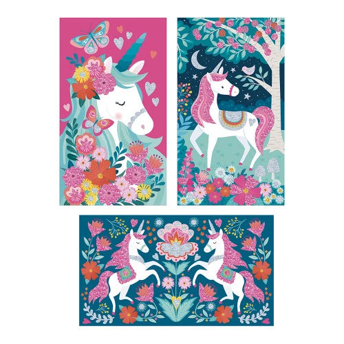 Set of three unicorn glitter art cards with floral designs