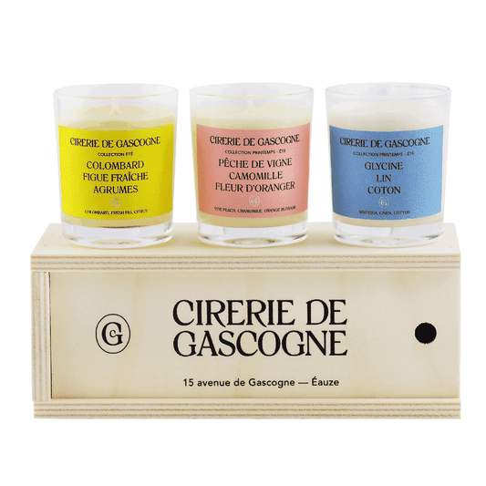Coffret en bois avec 3 bougies parfumées de 80 grammes - collection printemps-été