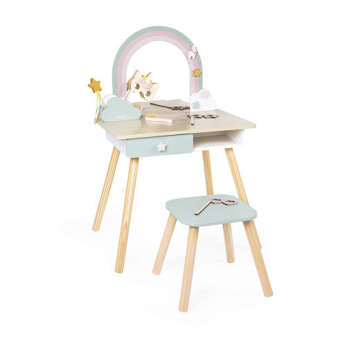 Front view of Janod wooden unicorn vanity with pastel rainbow mirror frame