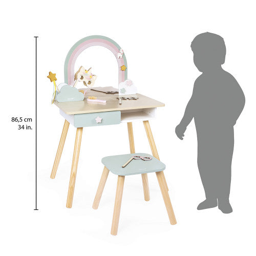 Janod wooden unicorn vanity table with rainbow mirror and 10 accessories for kids