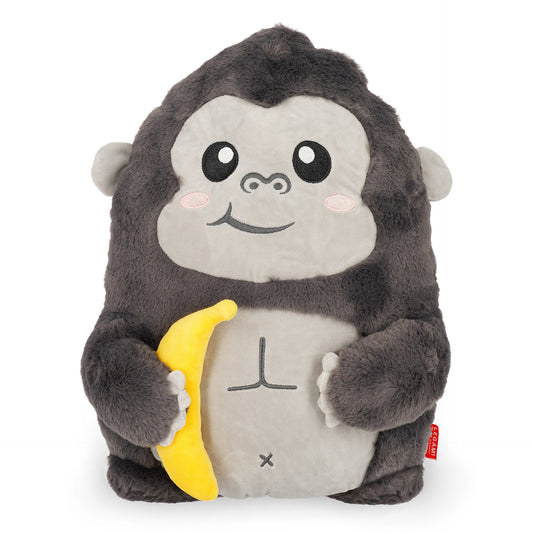 Close-up of velvety grey gorilla cushion with red iaw label