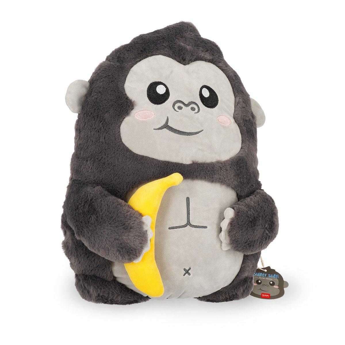 Grey gorilla plush pillow holding banana with Super Soft hangtag