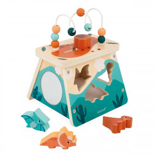 Janod wooden volcano activity cube with three dinosaur pieces