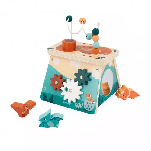 Janod wooden dinosaur shape sorter cube with gear knobs