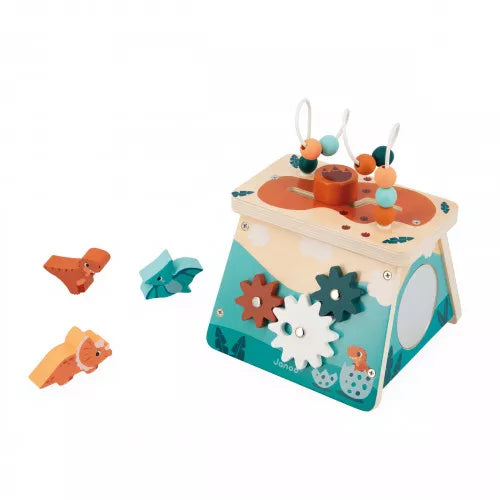 Janod wooden activity cube featuring bead maze and mirror