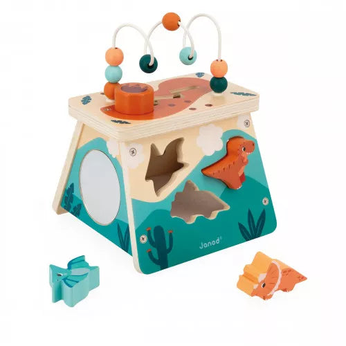 Janod wooden dinosaur shape matching cube with colorful beads