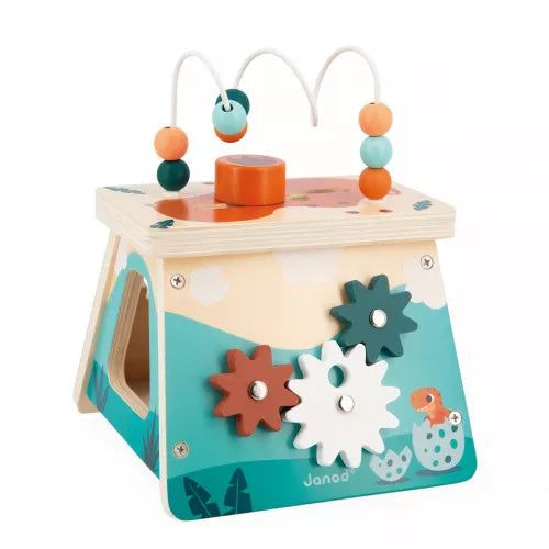 Side view of Janod wooden dinosaur activity cube with gears