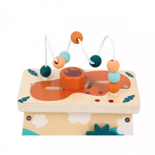 Close-up of Janod wooden bead maze and orange cylinder knob