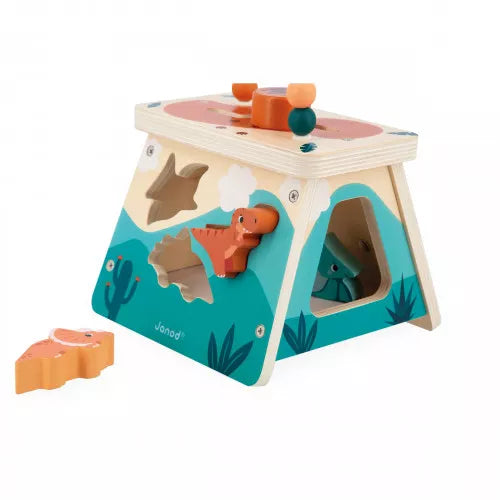 Janod wooden dinosaur activity cube with bead maze and mirror