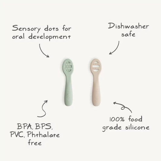 MUSHIES sensory baby spoon infographic showing dishwasher safe, BPA free food grade silicone with oral development dots