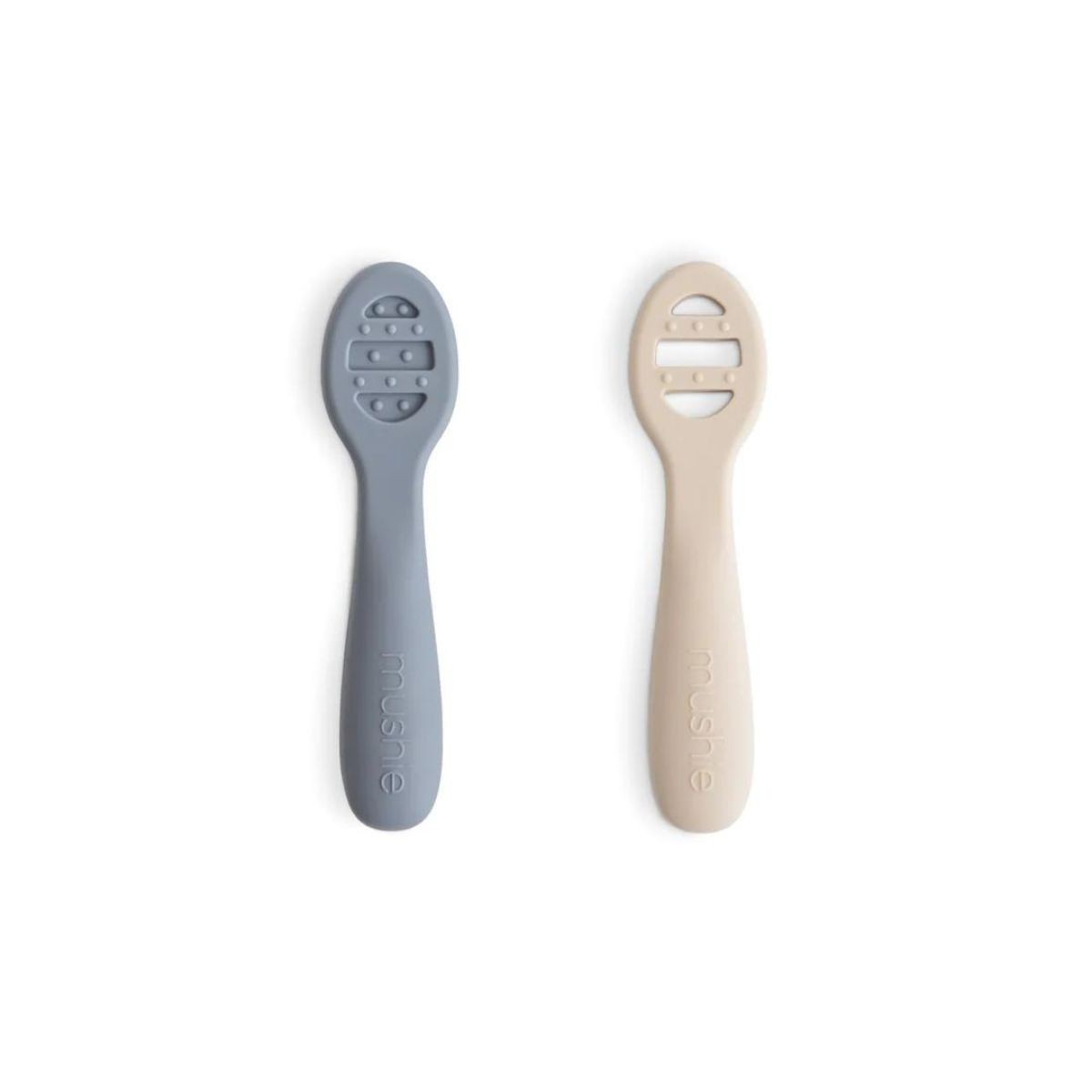 Mushie natural and slate blue silicone baby spoons with ergonomic handles