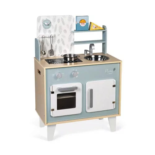JANOD Plume wooden play kitchen with blue panel and gray handles on white background