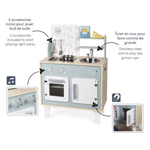 Wooden play kitchen with stainless steel sink and included accessories