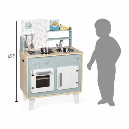 78cm tall wooden play kitchen with child silhouette for scale and blue accents