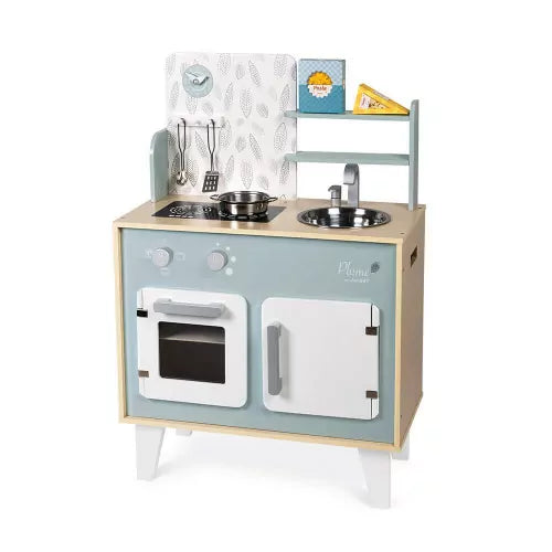 Minimalist wooden play kitchen with pale blue-gray panel and glass oven door