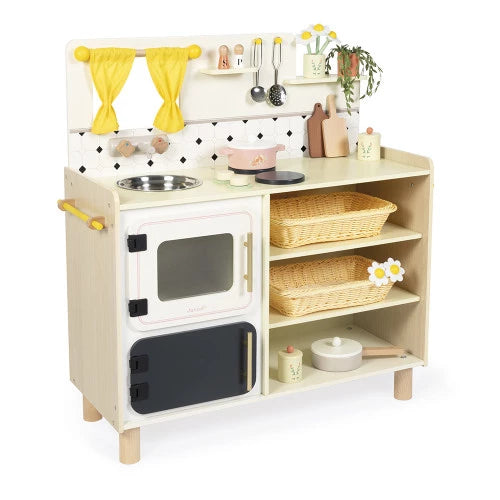 Front view of light wood Mamie Soleil play kitchen with yellow curtains