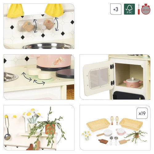 Mamie Soleil wooden play kitchen detail of rotating taps and 19 accessories