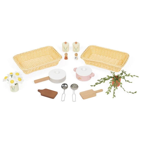 Flat lay of 16 wooden play kitchen accessories including pots and cutting boards