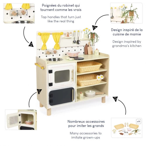 Grandma style wooden play kitchen with turning tap handles and 19 pieces
