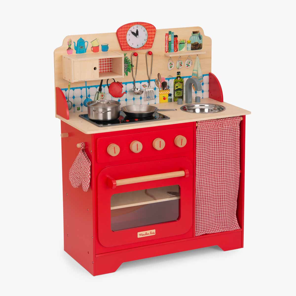 Moulin Roty red wooden play kitchen with gingham curtain and accessories