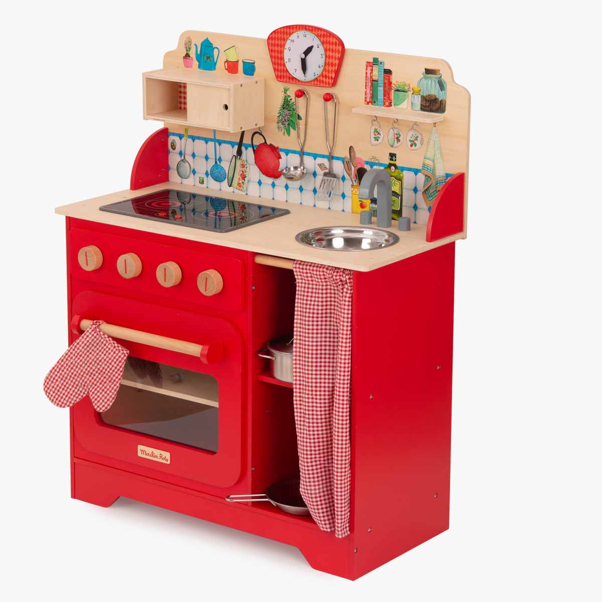 Side view of red wooden play kitchen showing gingham oven mitt