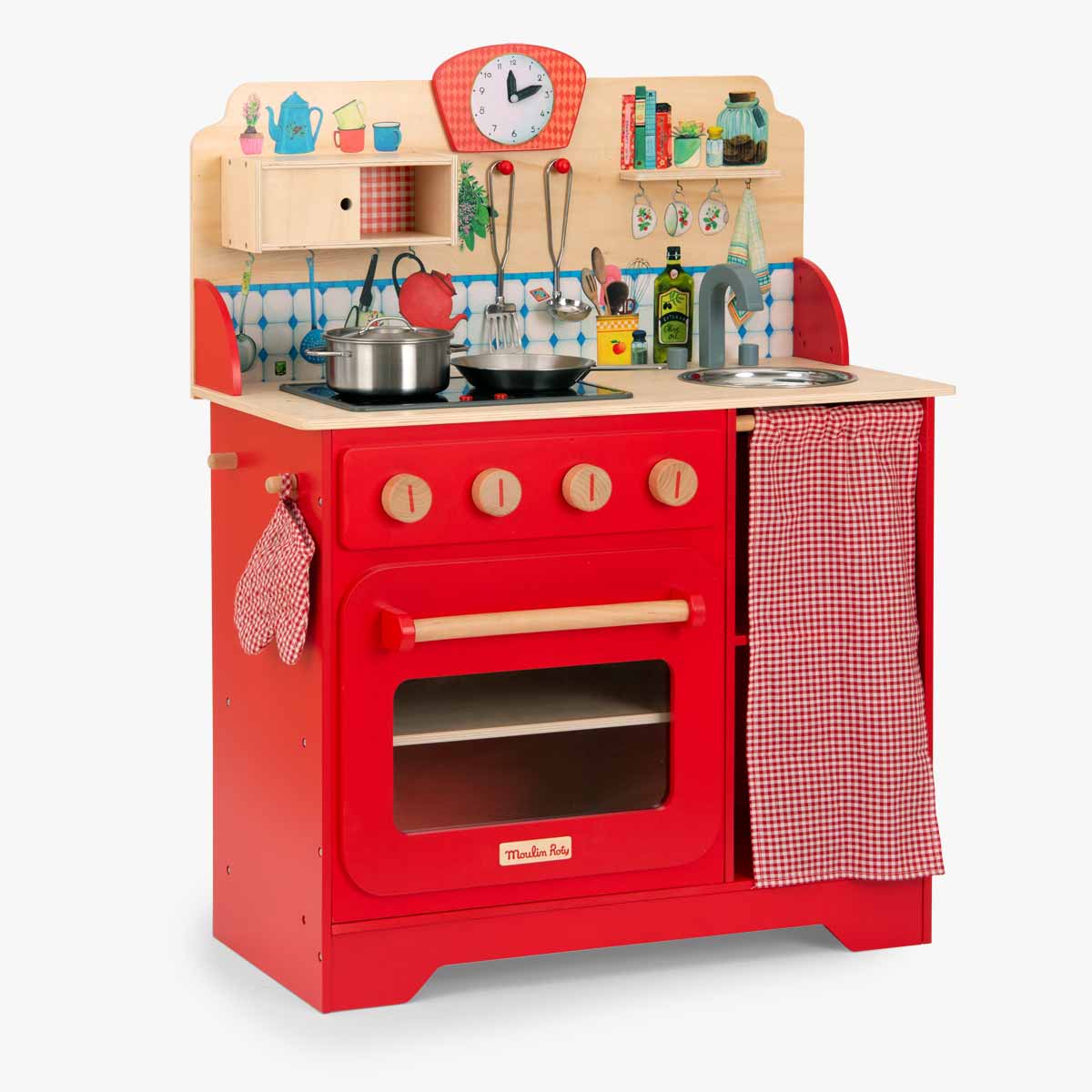 Red wooden play kitchen with induction cooktop and metal sink