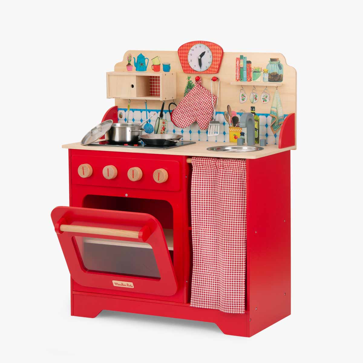 Red wooden play kitchen with stainless steel pots on countertop