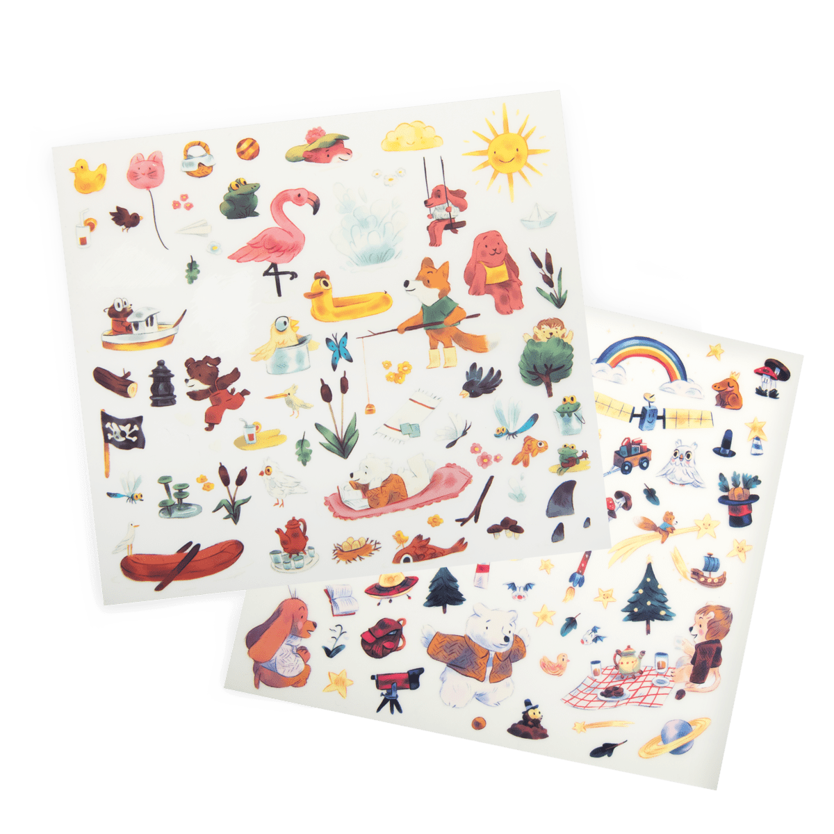 Close-up of whimsical animal and nature transfer stickers for kids art