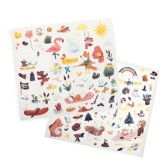 Close-up of whimsical animal and nature transfer stickers for kids art