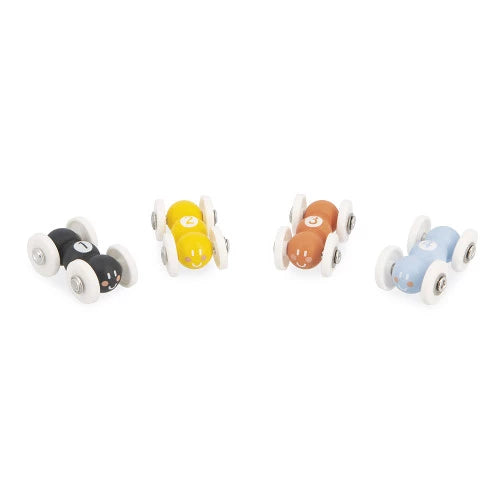 Set of four colorful wooden cars with faces for JANOD ramp toy