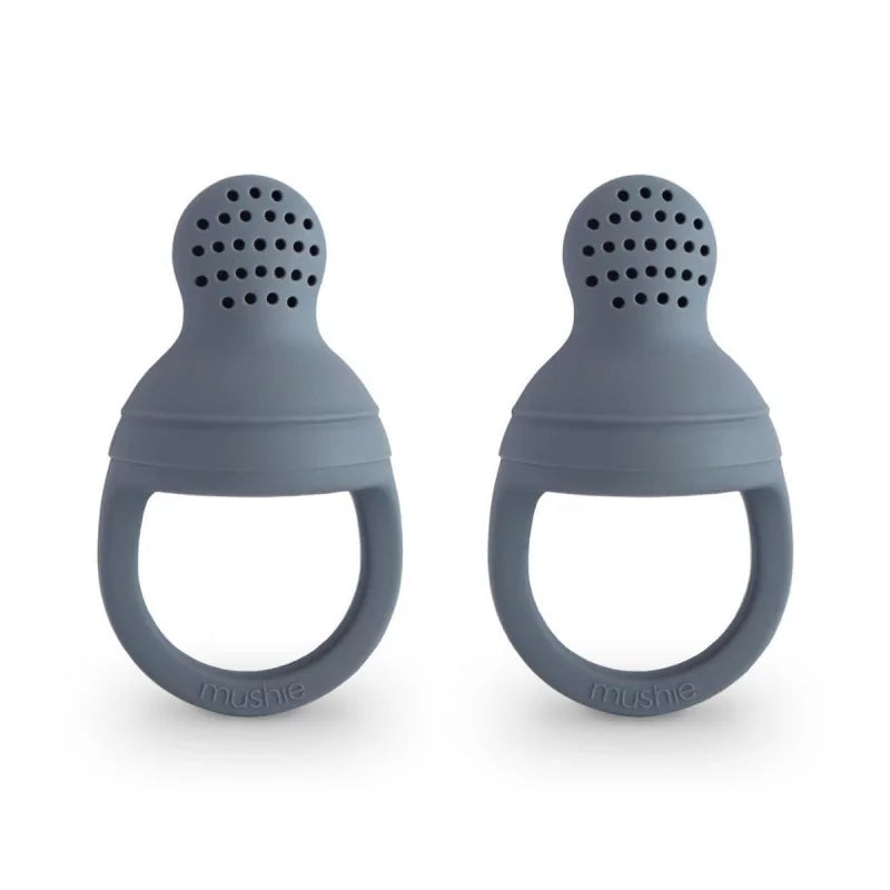 Grey silicone baby food feeder with ring handle