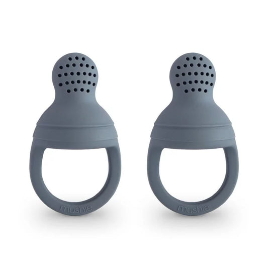Grey silicone baby food feeder with ring handle