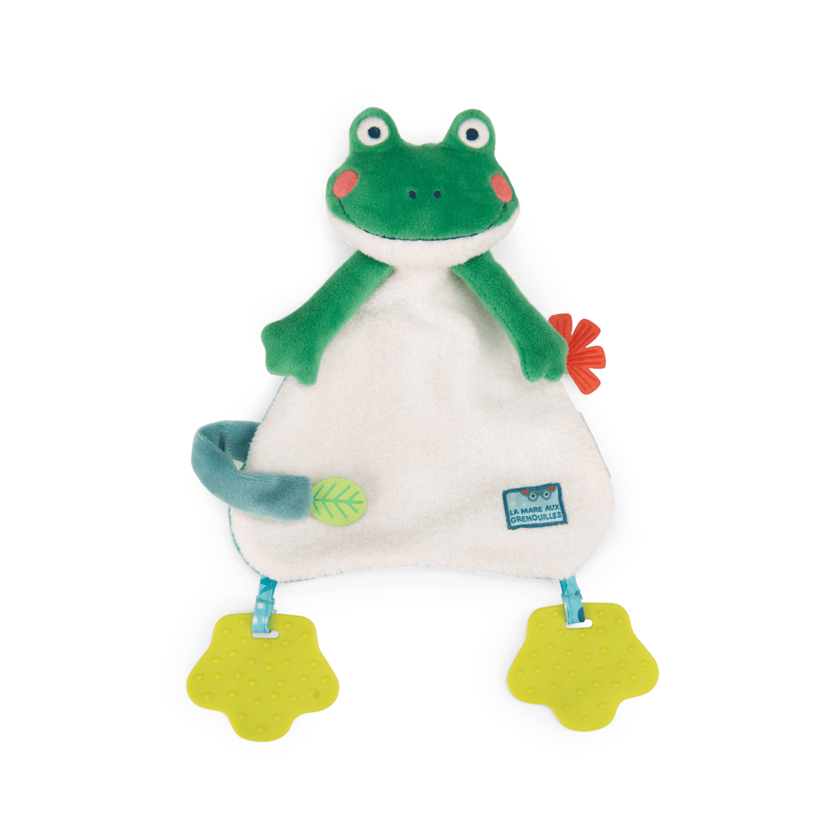Green plush frog baby comforter with teether pads and personalization option