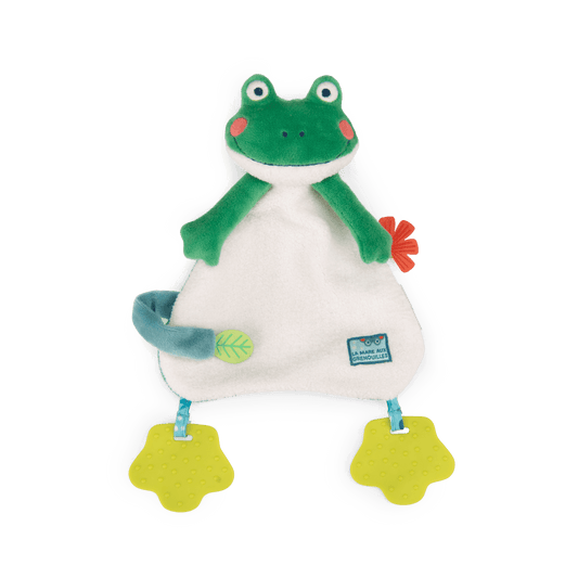 Green plush frog baby comforter with teether pads and personalization option