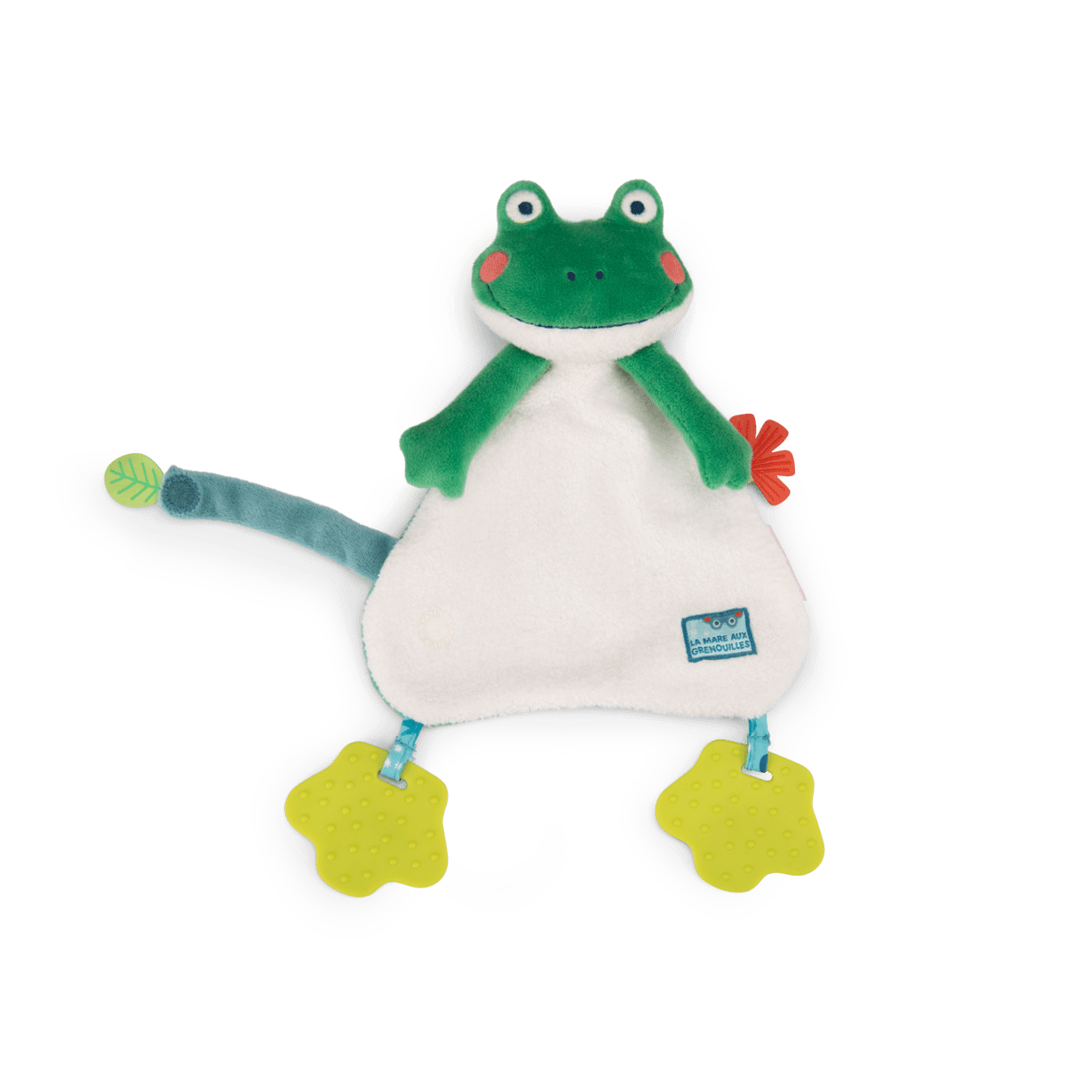 Back view of green frog baby comforter showing leaf tail and flower detail