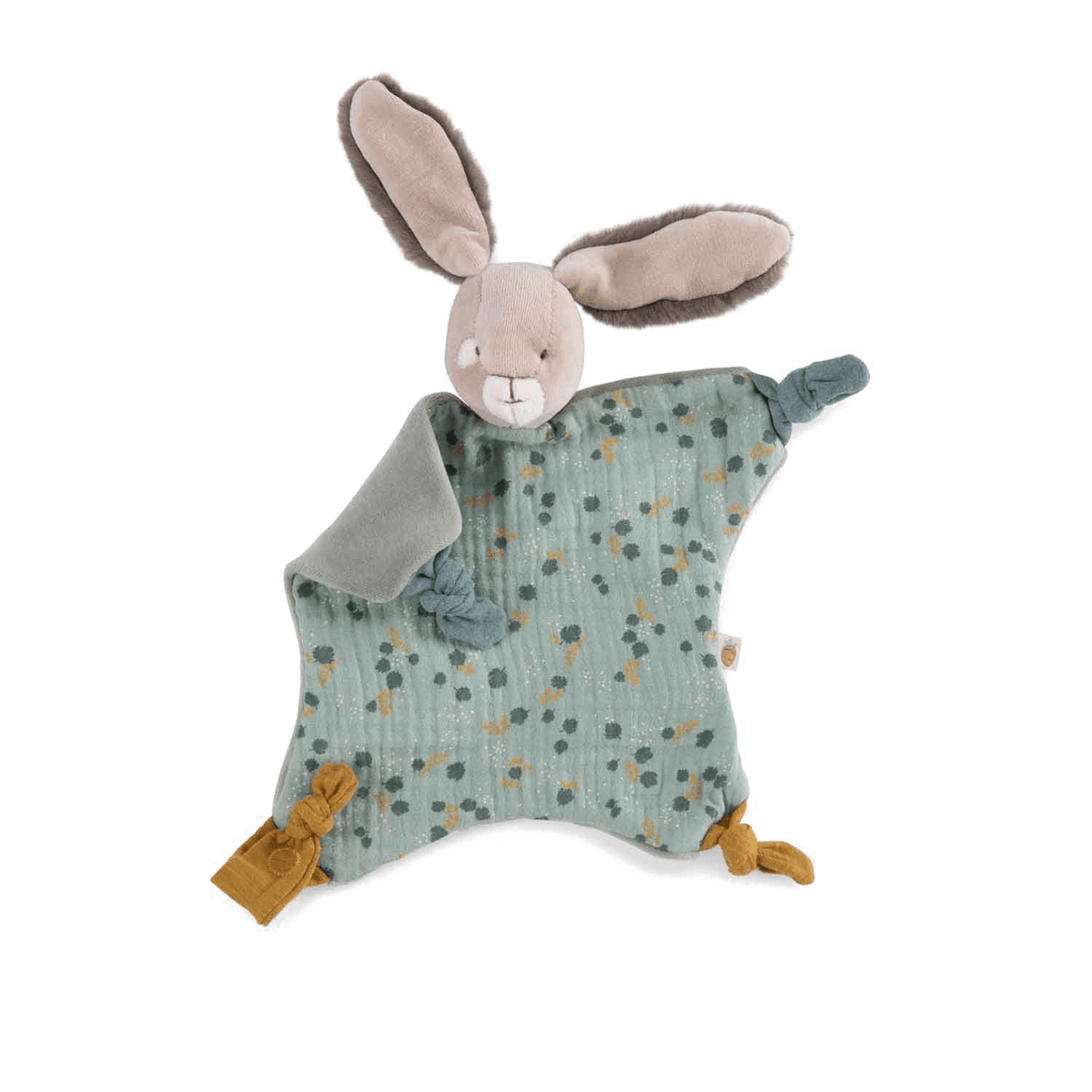 Grey fleece backing detail of sage green baby bunny lovey