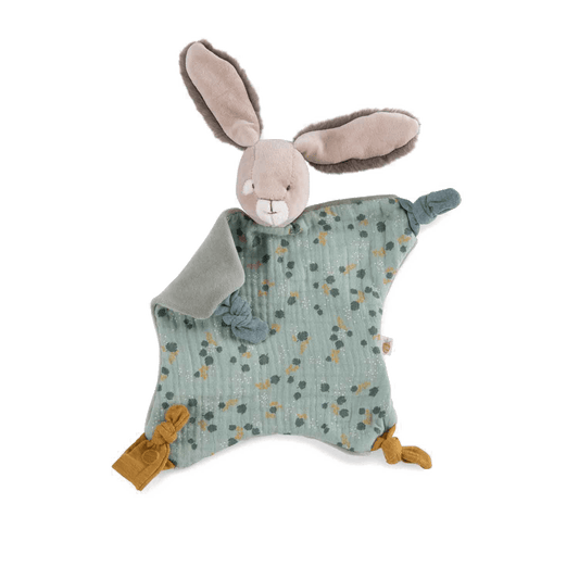 Grey fleece backing detail of sage green baby bunny lovey