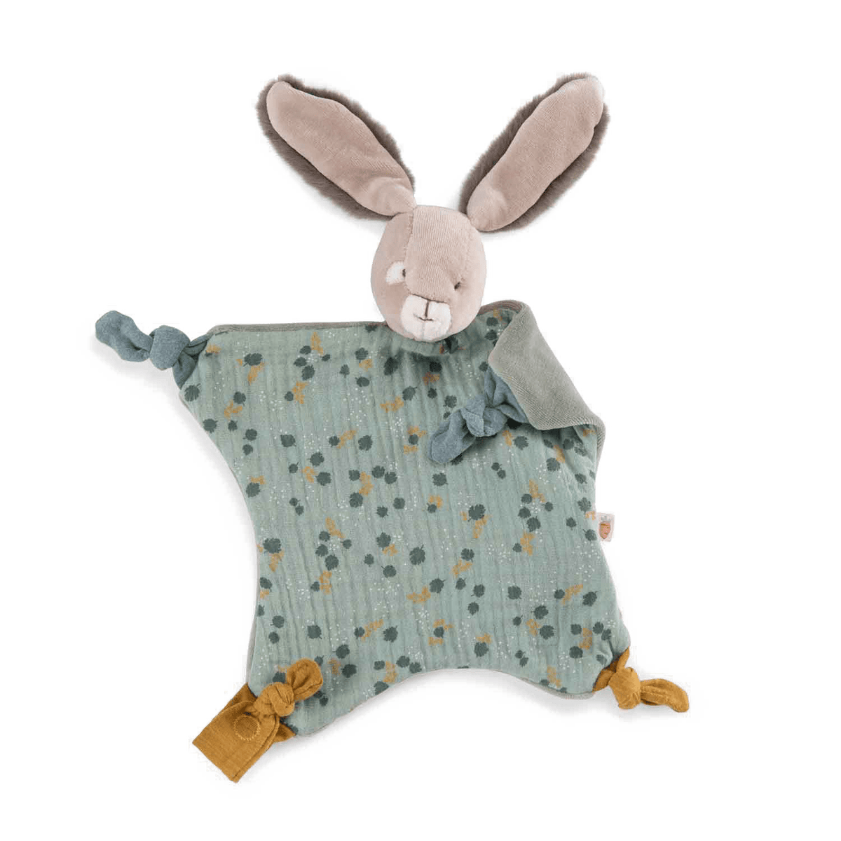 Textured muslin front and soft grey back of bunny doudou