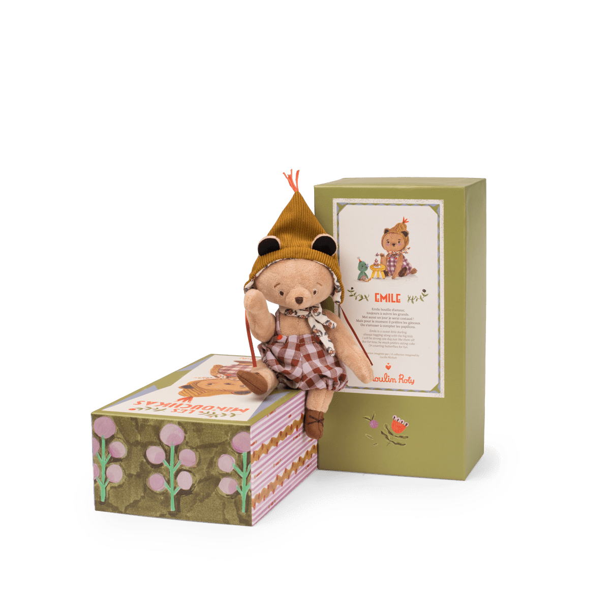 Emile articulated teddy bear doll in mustard hat and gingham romper with packaging