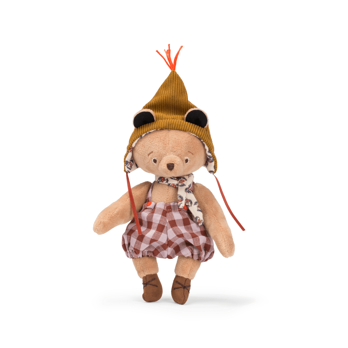 Front view of Emile articulated bear doll wearing checkered puffy romper and floral neckerchief