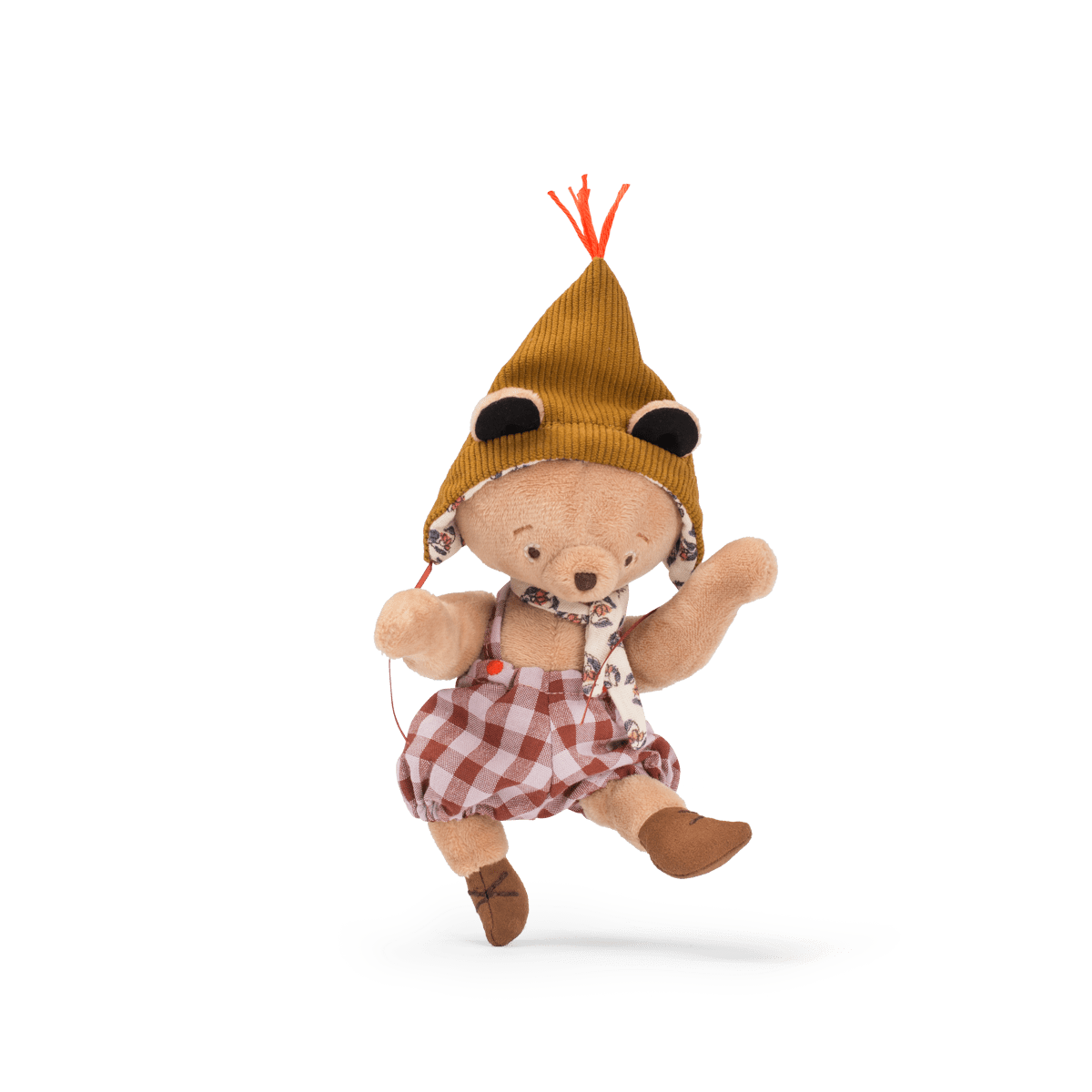 Emile articulated bear doll in dynamic pose showing jointed limbs and signature outfit